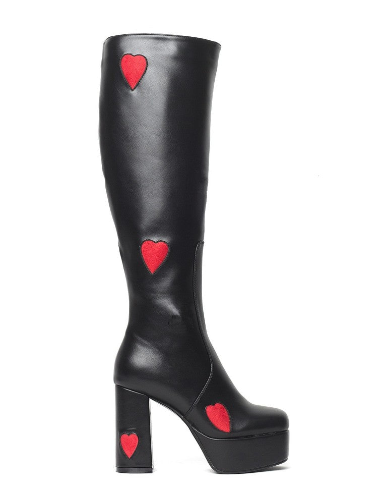 Women's Glossy Round Toe Love Hearts Side Zippers Block Chunky Heel Platform Knee High Boots