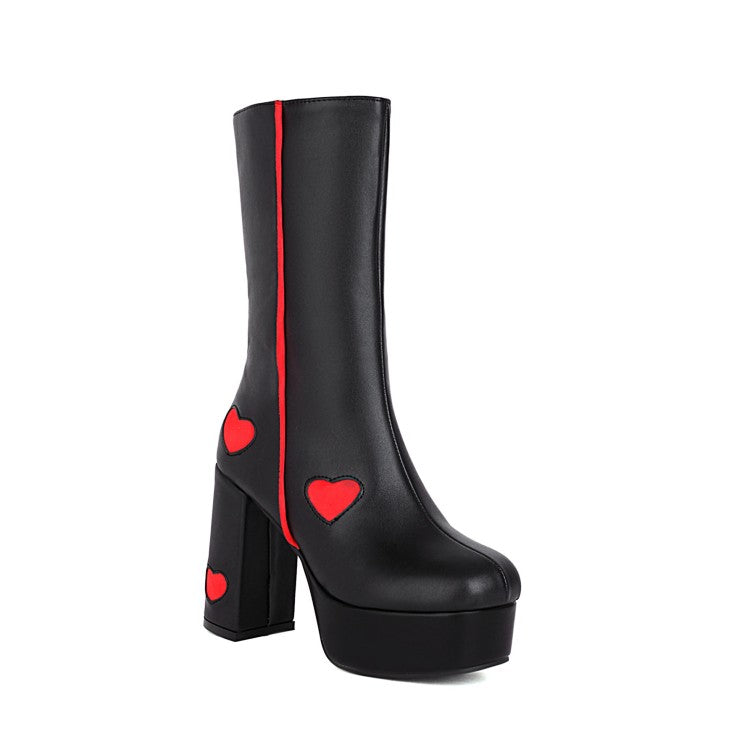 Women's Glossy Round Toe Love Hearts Side Zippers Block Chunky Heel Platform Mid Calf Boots