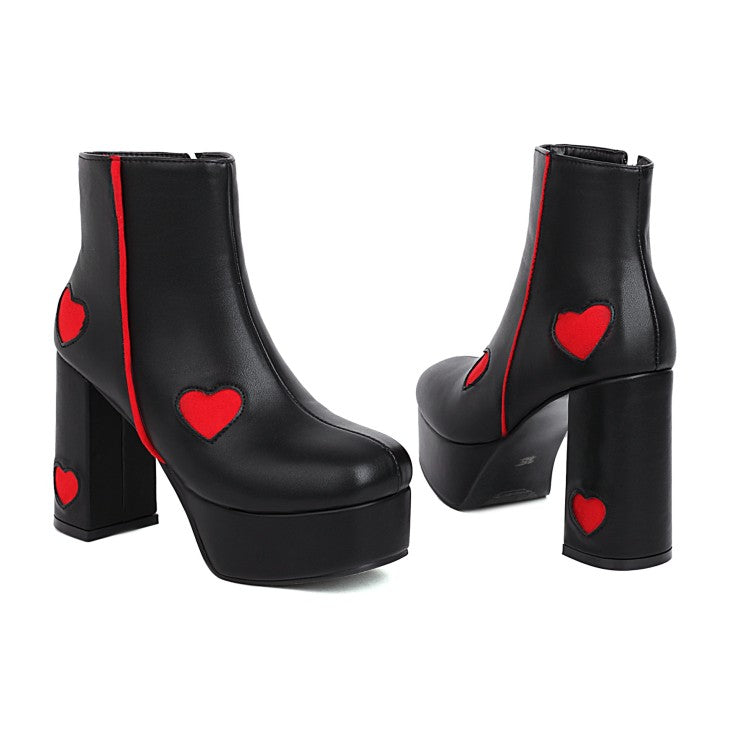 Women's Glossy Round Toe Love Hearts Side Zippers Block Chunky Heel Platform Short Boots