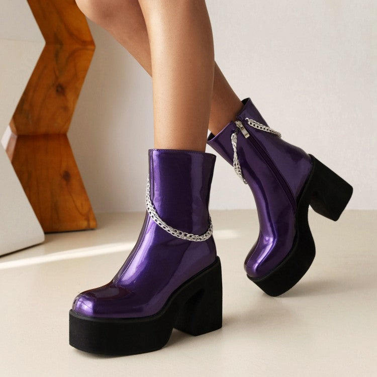 Women's Glossy Round Toe Metal Chains Side Zippers Block Chunky Heel Platform Short Boots