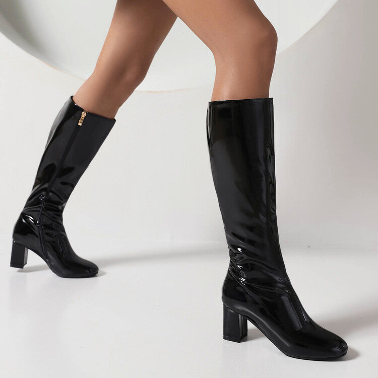 Women's Glossy Round Toe Side Zippers Block Chunky Heel Knee High Boots