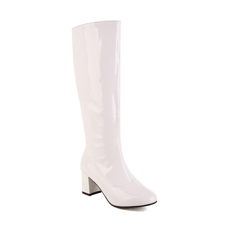 Women's Glossy Round Toe Side Zippers Block Chunky Heel Knee High Boots