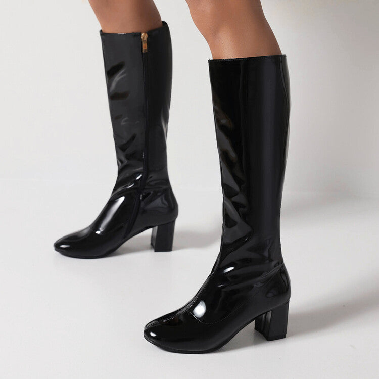 Women's Glossy Round Toe Side Zippers Block Chunky Heel Knee High Boots