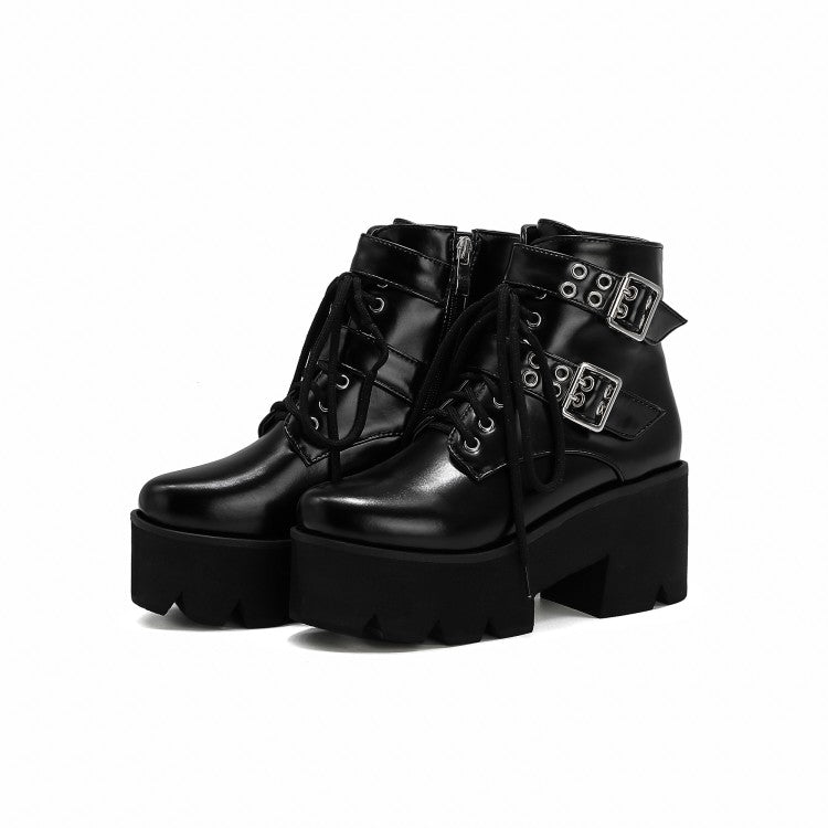 Women's Glossy Round Toe Side Zippers Buckle Straps Lace Up Block Chunky Heel Platform Short Boots