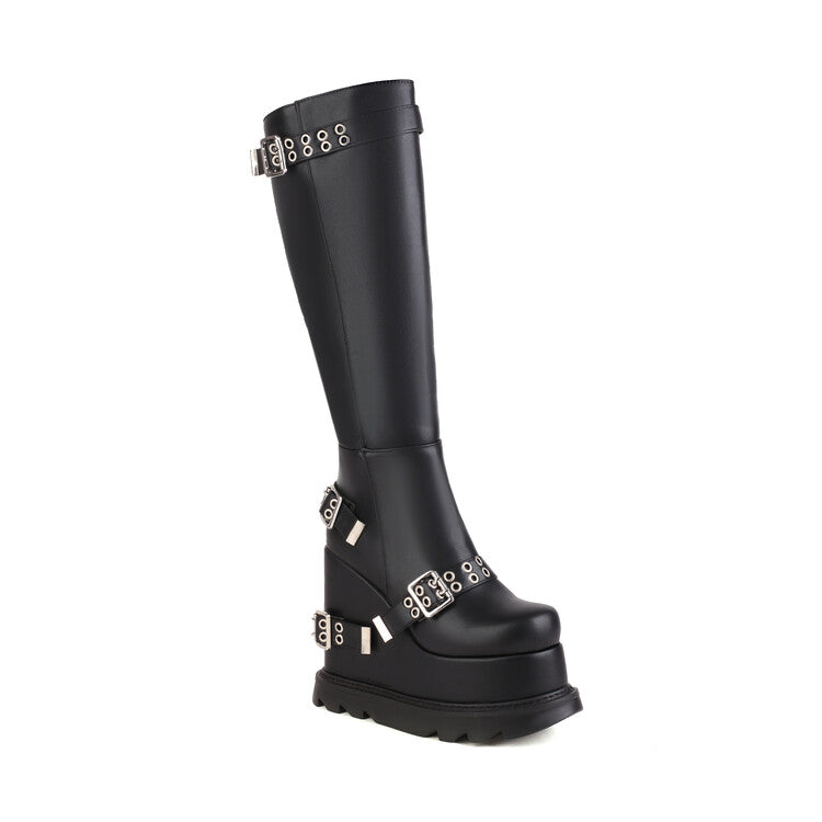 Women's Glossy Round Toe Side Zippers Metal Buckle Straps Wedge Heel Platform Knee High Boots