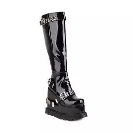 Women's Glossy Round Toe Side Zippers Metal Buckle Straps Wedge Heel Platform Knee High Boots