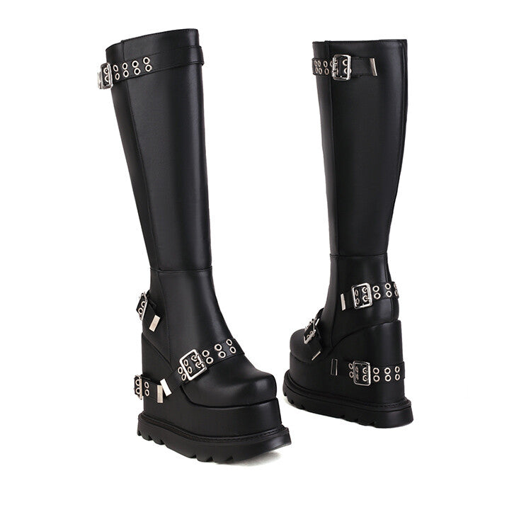 Women's Glossy Round Toe Side Zippers Metal Buckle Straps Wedge Heel Platform Knee High Boots