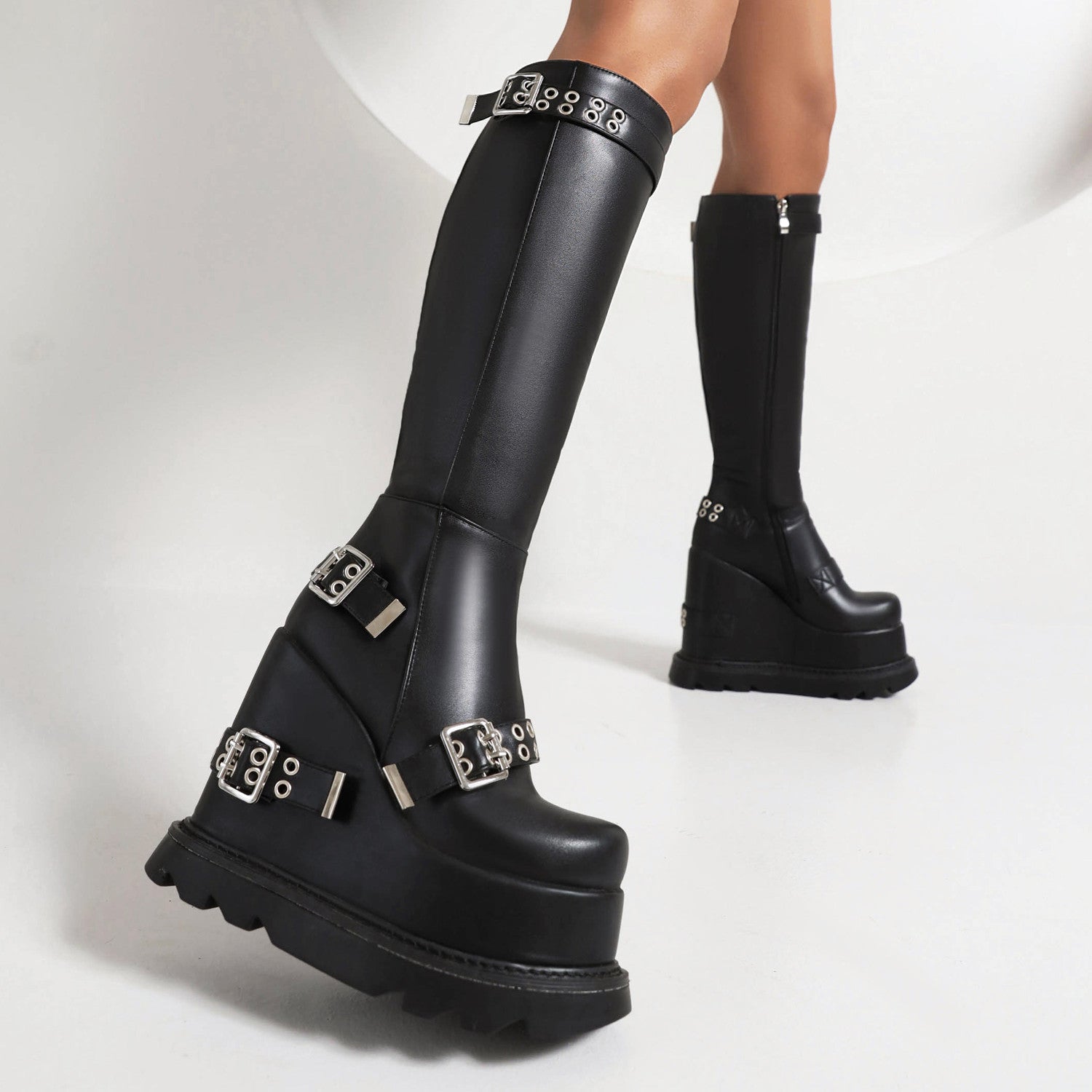 Women's Glossy Round Toe Side Zippers Metal Buckle Straps Wedge Heel Platform Knee High Boots