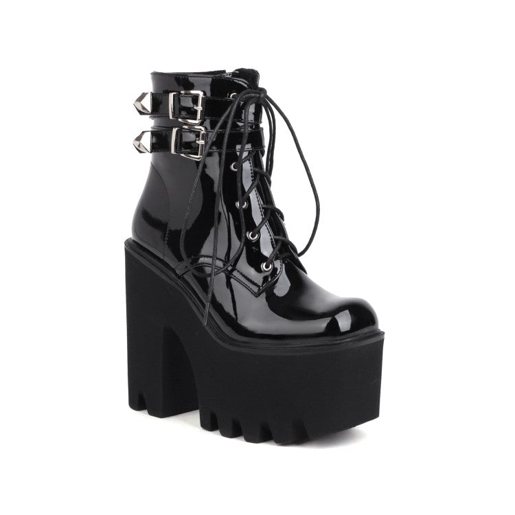 Women's Glossy Square Toe Lace Up Buckle Straps Block Chunky Heel Platform Ankle Boots