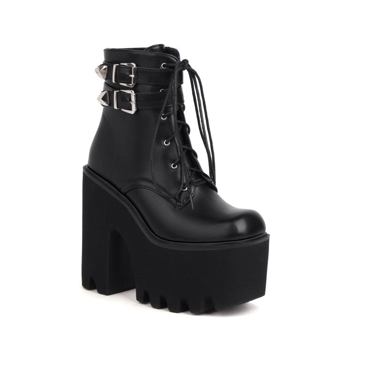 Women's Glossy Square Toe Lace Up Buckle Straps Block Chunky Heel Platform Ankle Boots