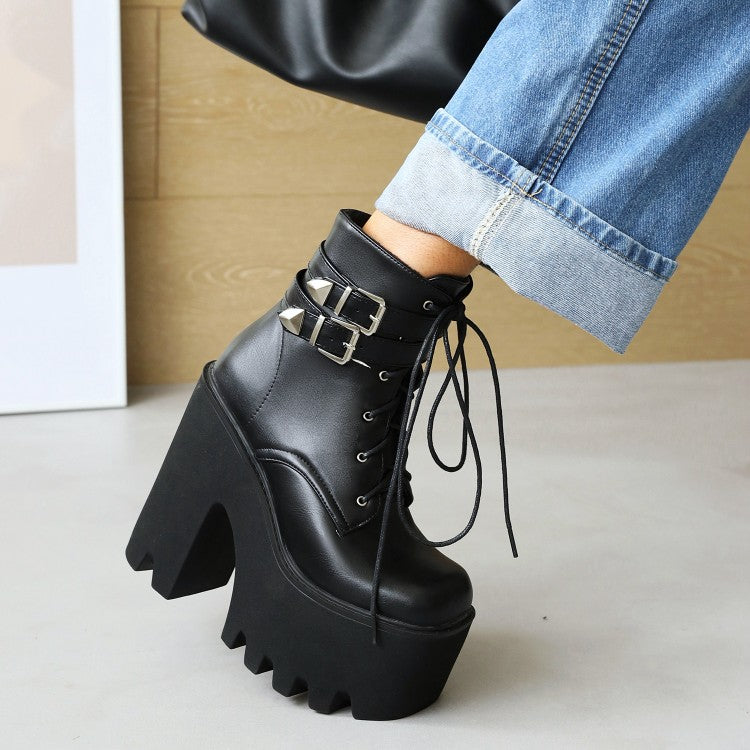 Women's Glossy Square Toe Lace Up Buckle Straps Block Chunky Heel Platform Ankle Boots