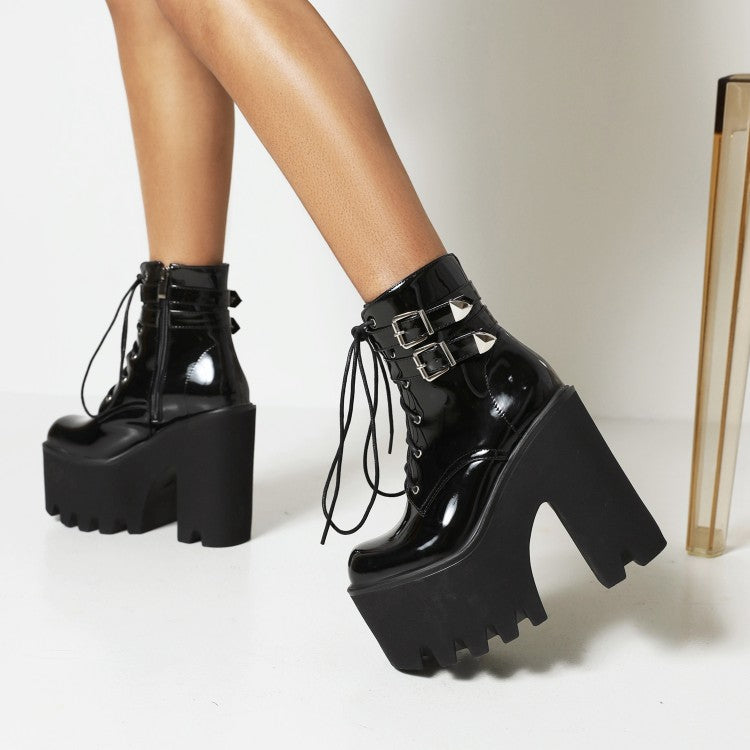 Women's Glossy Square Toe Lace Up Buckle Straps Block Chunky Heel Platform Ankle Boots