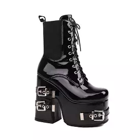 Women's Glossy Square Toe Lace Up Stretch Buckle Straps Block Chunky Heel Platform Short Boots