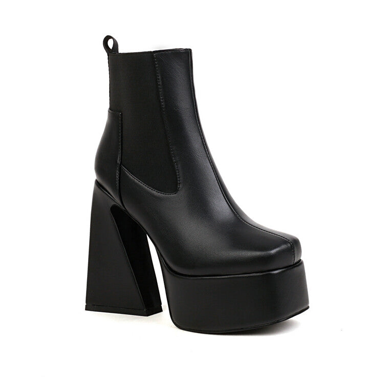 Women's Glossy Square Toe Stretch Block Chunky Heel Platform Ankle Boots