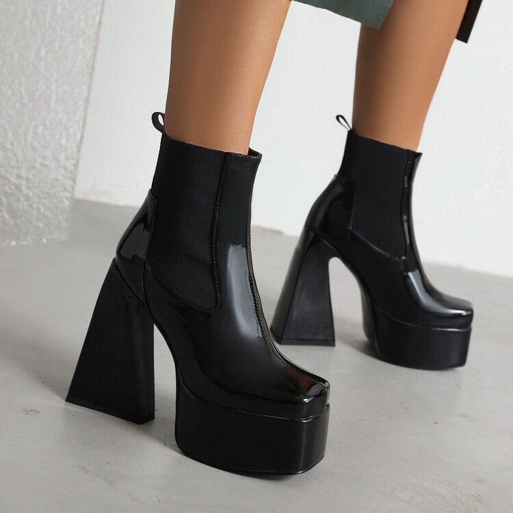 Women's Glossy Square Toe Stretch Block Chunky Heel Platform Ankle Boots