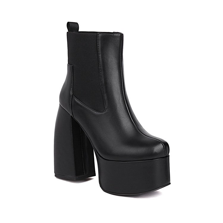 Women's Glossy Stretch Block Chunky Heel Platform Ankle Boots