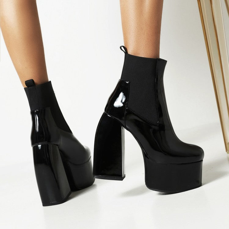 Women's Glossy Stretch Block Chunky Heel Platform Ankle Boots