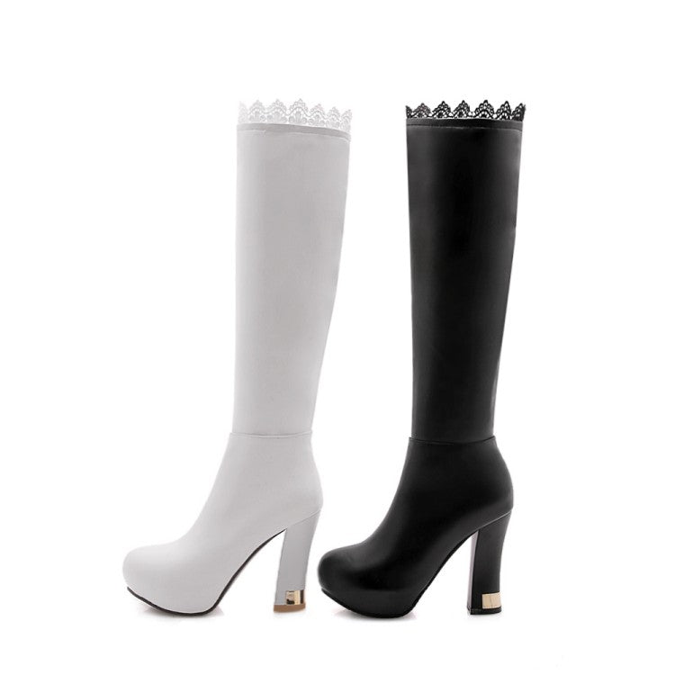 Women's Lace Side Zippers Block Chunky Heel Platform Knee High Boots