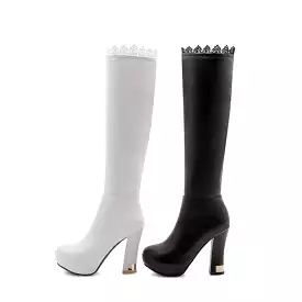 Women's Lace Side Zippers Block Chunky Heel Platform Knee High Boots