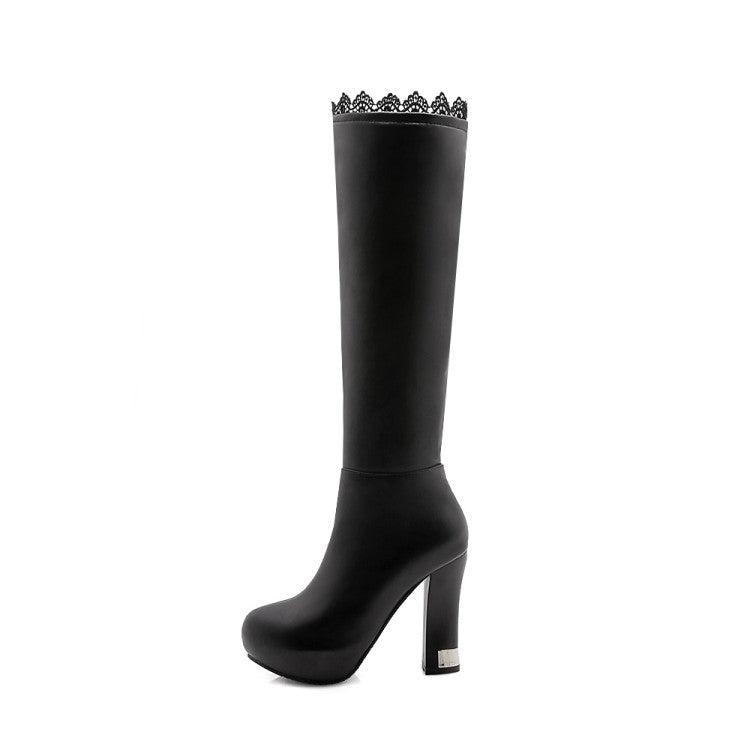 Women's Lace Side Zippers Block Chunky Heel Platform Knee High Boots