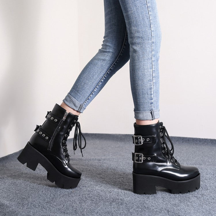 Women's Lace Up Buckle Straps Riding Block Chunky Heel Platform Short Boots