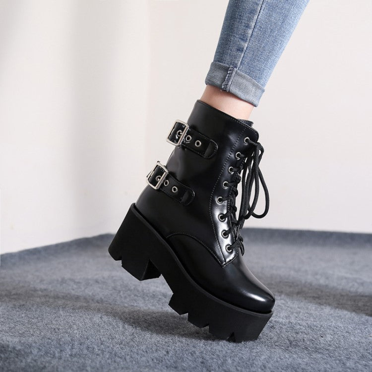 Women's Lace Up Buckle Straps Riding Block Chunky Heel Platform Short Boots