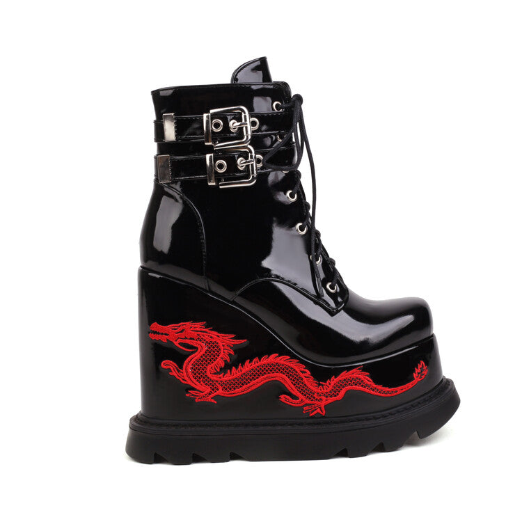 Women's Lace Up Metal Buckle Straps Wedge Heel Platform Short Boots