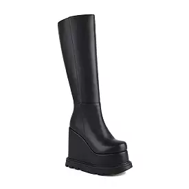 Women's Matte Pu Leather Side Zippers Wedge Heel Platform Knee High Boots