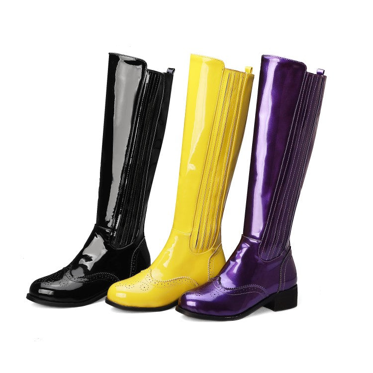 Women's Patent Round Toe Side Zippers Block Chunky Heel Platform Knee High Boots