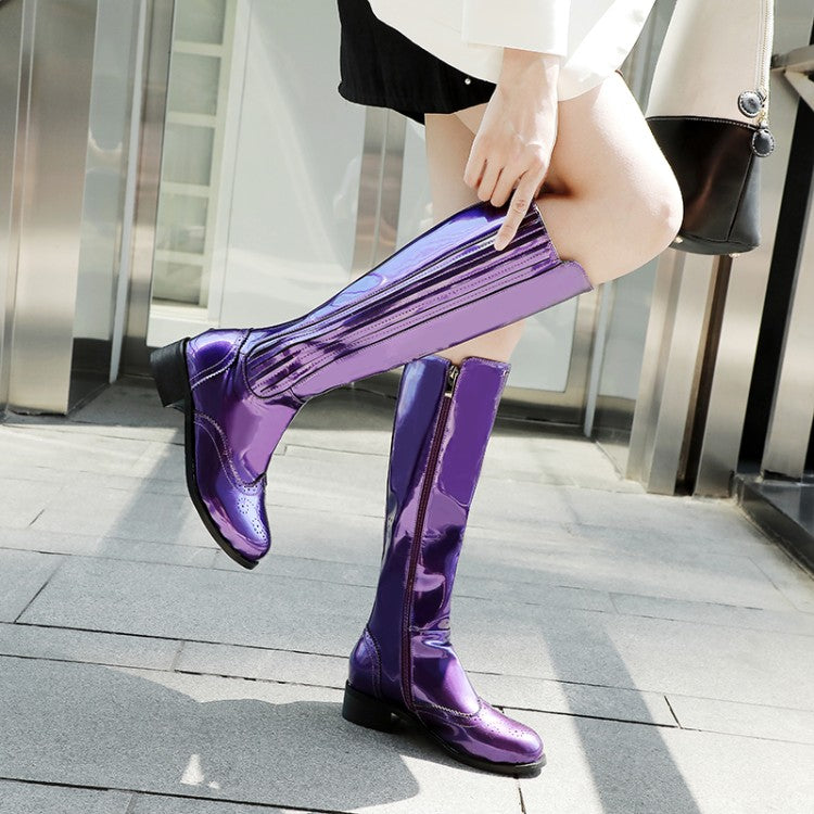 Women's Patent Round Toe Side Zippers Block Chunky Heel Platform Knee High Boots