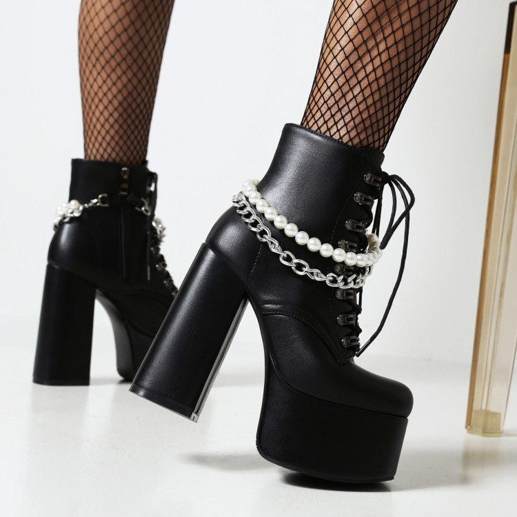 Women's Pu Leather Lace Up Metal Pearls Chains Block Chunky Heel Platform Riding Ankle Boots