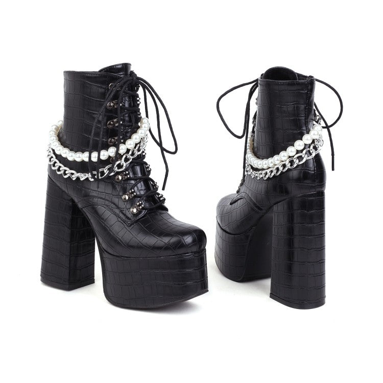 Women's Pu Leather Lace Up Metal Pearls Chains Block Chunky Heel Platform Riding Ankle Boots