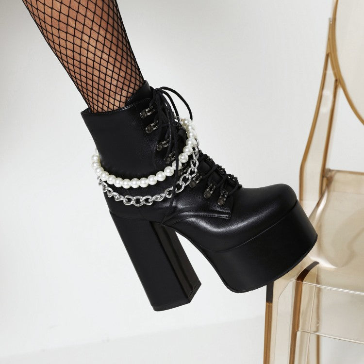 Women's Pu Leather Lace Up Metal Pearls Chains Block Chunky Heel Platform Riding Ankle Boots