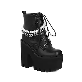 Women's Pu Leather Lace Up Metal Pearls Chains Block Chunky Heel Platform Riding Ankle Boots