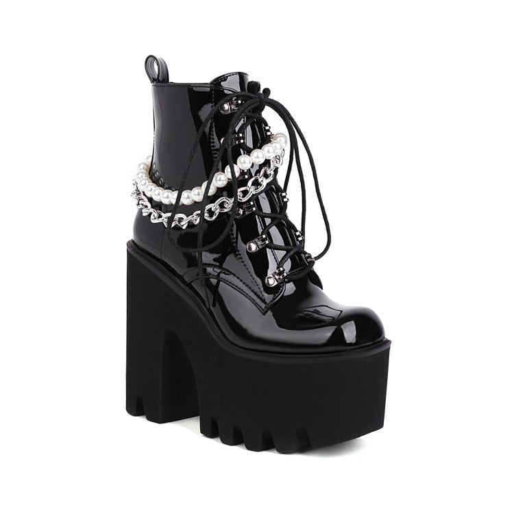 Women's Pu Leather Lace Up Metal Pearls Chains Block Chunky Heel Platform Riding Ankle Boots