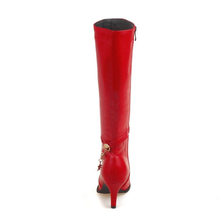 Women's Pu Leather Pointed Toe Metal Stars Chains Side Zippers Kitten Heel Knee High Boots