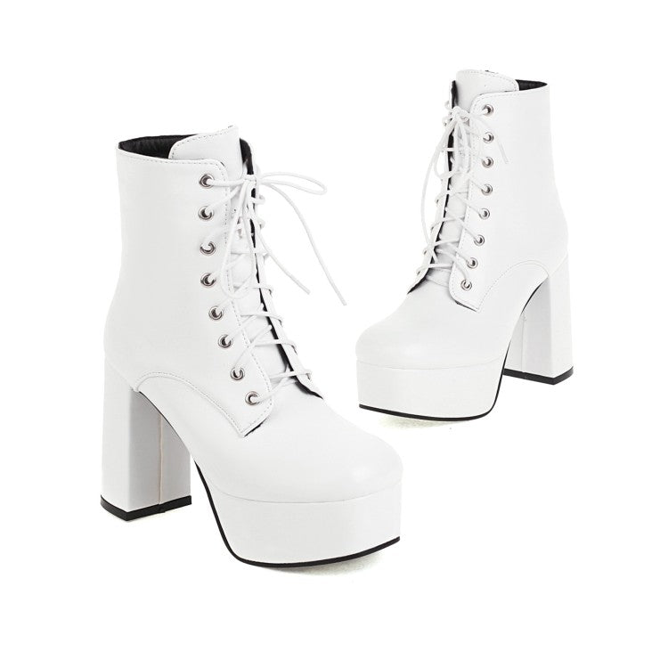 Women's Pu Leather Round Toe Lace Up Side Zippers Block Chunky Heel Platform Short Boots