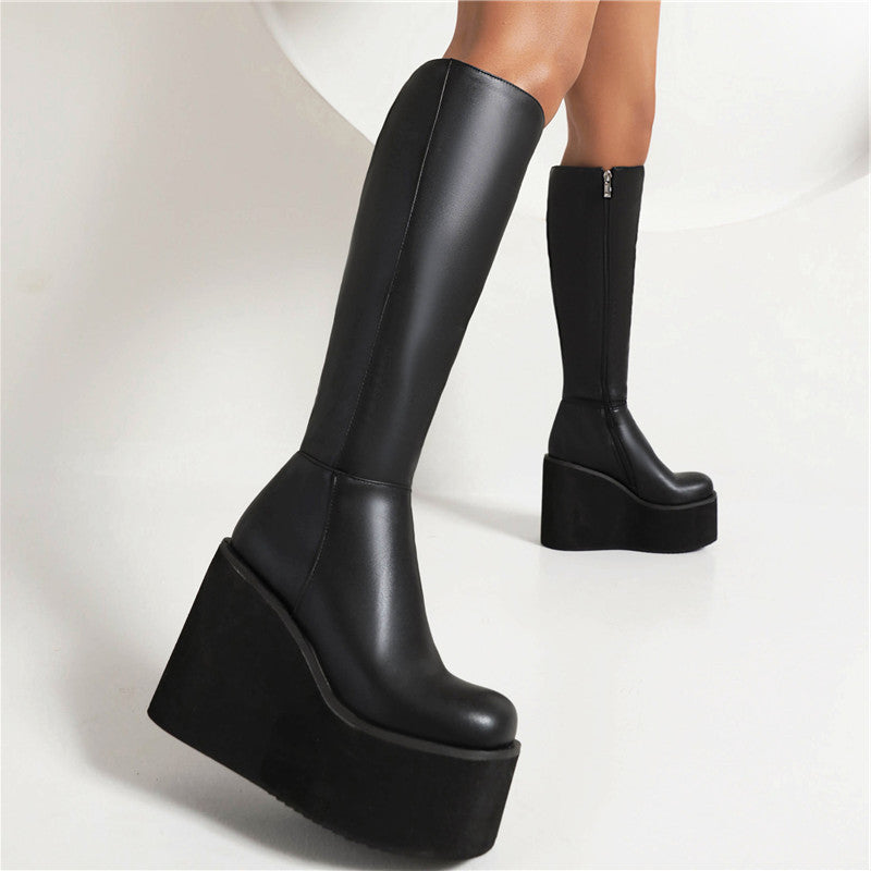 Women's Pu Leather Round Toe Side Zippers Wedge Heel Platform Knee High Boots