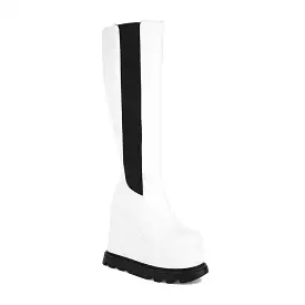 Women's Pu Leather Square Toe Bicolor Side Zippers Wedge Heel Platform Knee High Boots