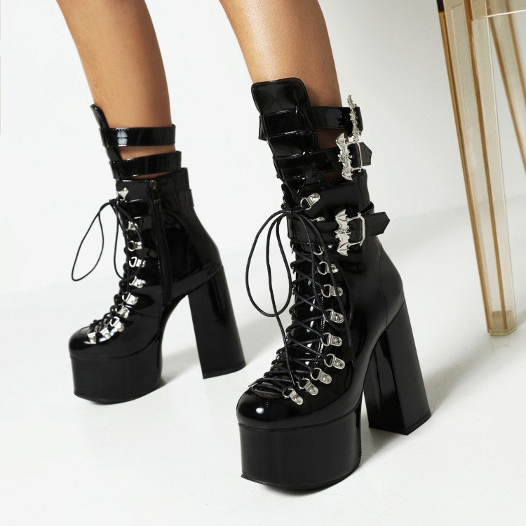 Women's Pu Leather Square Toe Rivets Lace Up Buckle Straps Block Chunky Heel Platform Ankle Boots