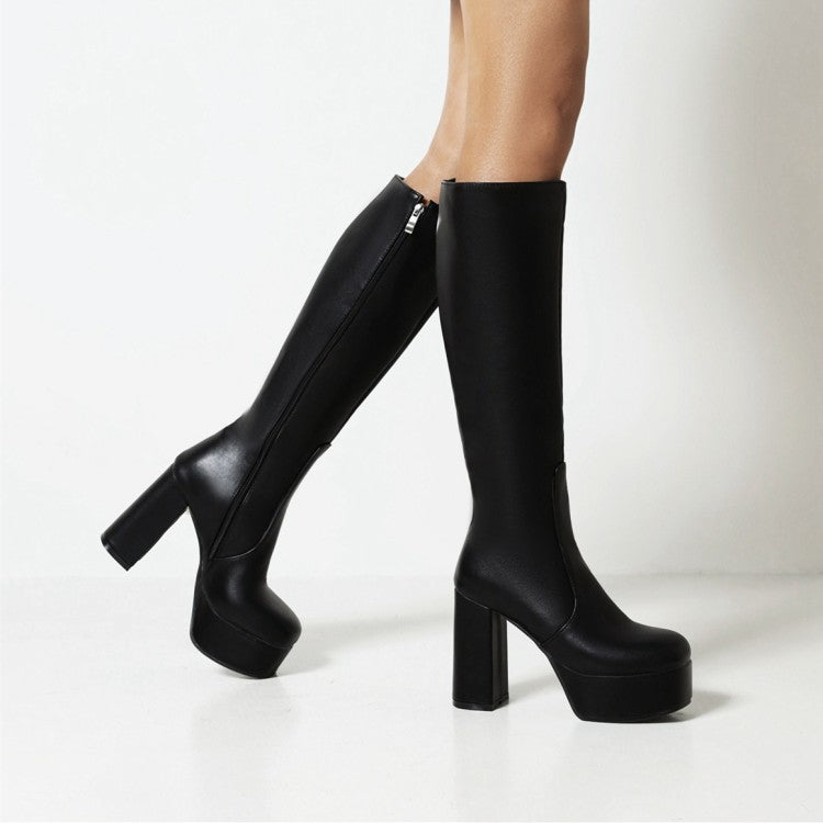 Women's Pu Leather Square Toe Side Zippers Block Chunky Heel Platform Knee High Boots