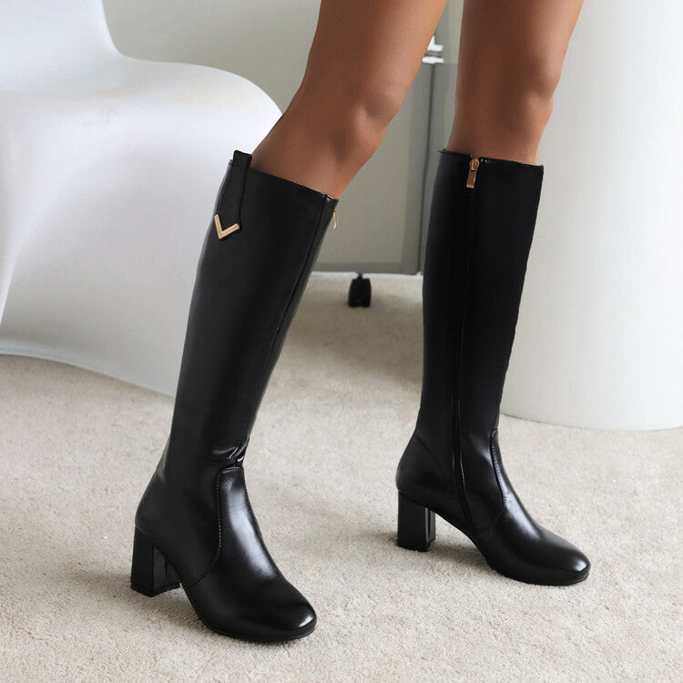 Women's Side Zippers Block Heel Knee High Boots