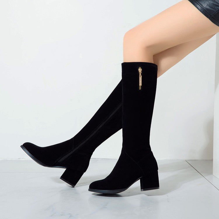 Women's Side Zippers Pendants Block Chunky Heel Knee High Boots