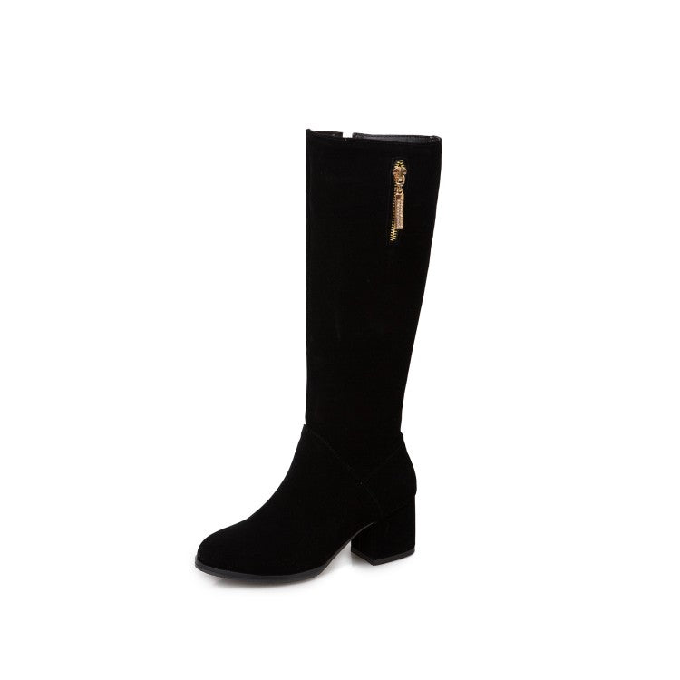 Women's Side Zippers Pendants Block Chunky Heel Knee High Boots