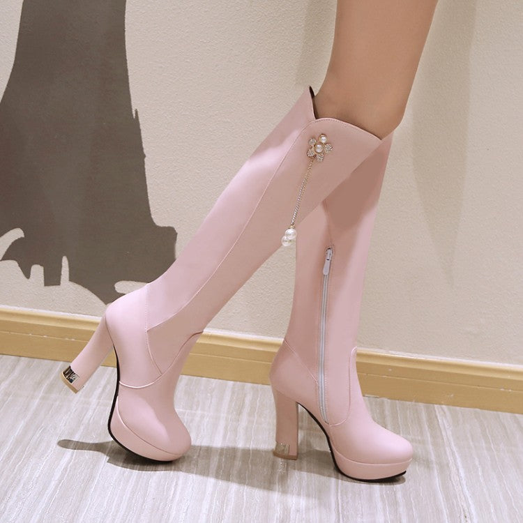 Women's Side Zippers Rhinestone Flora Pearls Block Chunky Heel Platform Knee High Boots