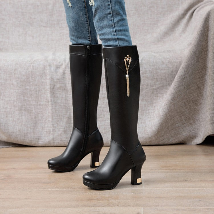 Women's Side Zippers Rhinestone Tassel Spool Heel Platform Knee High Boots